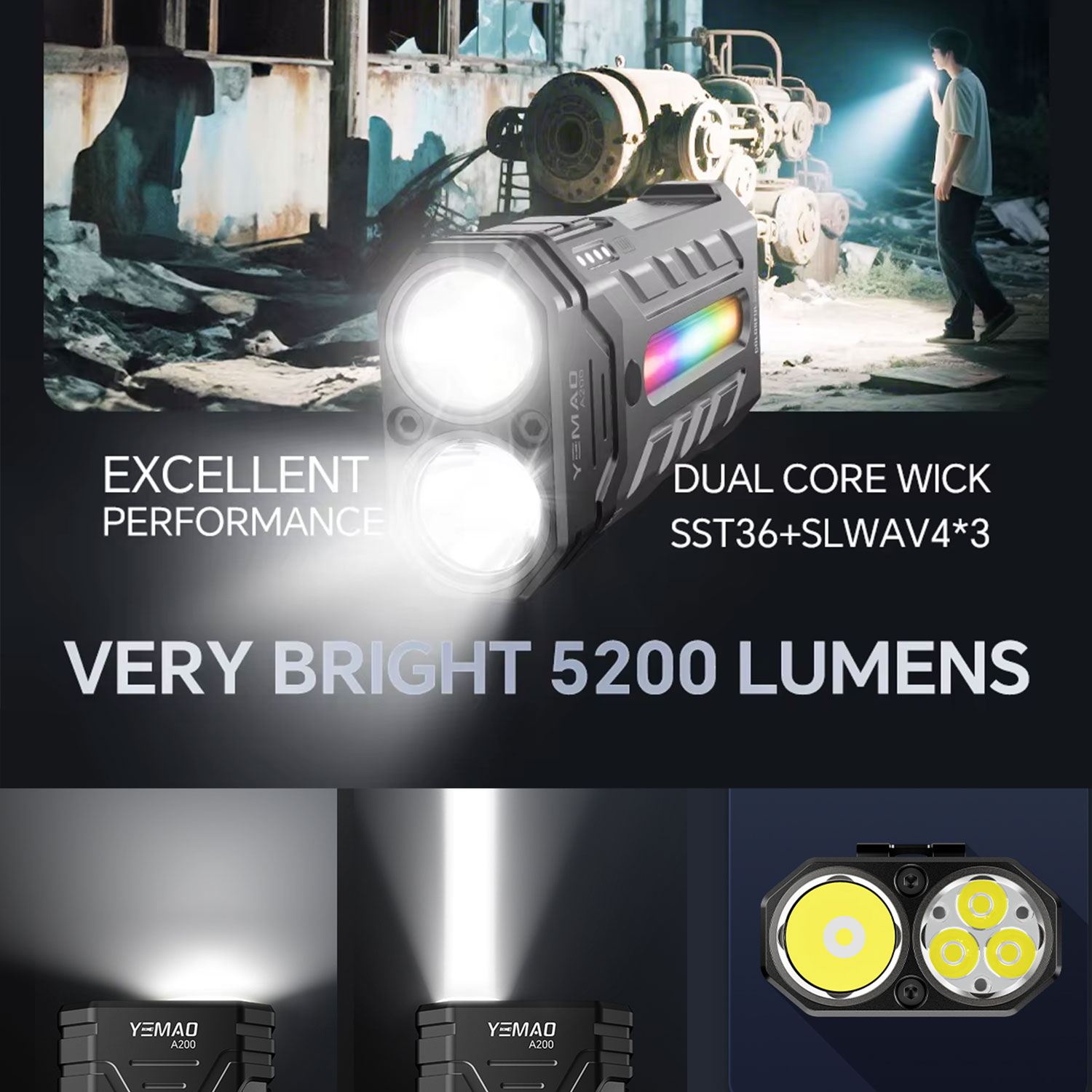 5200LM革新的な多機能ポータブルRGB LED懐中電灯、 - Outdoor Adventure Hiking のレビューと価格